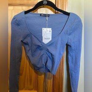 Zara Blue Long Sleeves Crop Top with Tie Detailing